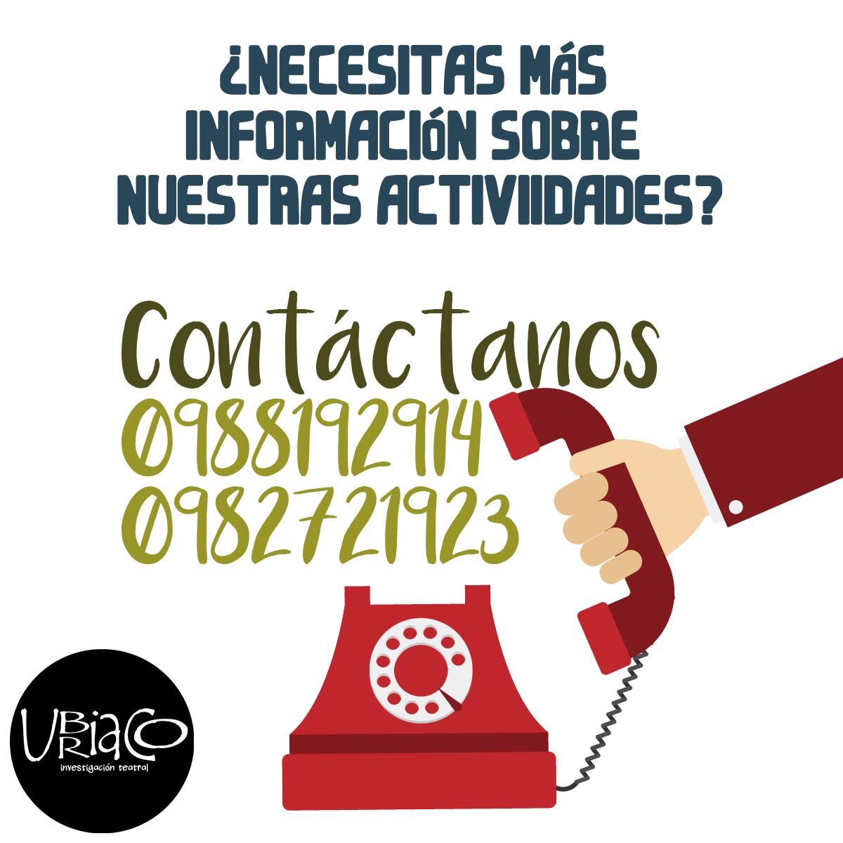 UbriacoInvestig's tweet photo. Si tienes alguna duda 🤔 sobre nuestras actividades 🎭 contáctanos 📞☺️ https://t.co/VVNtn4ZECY