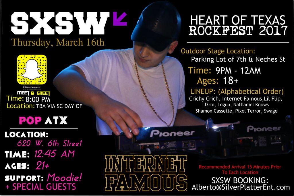 INTERNETFAMOUSx's tweet image. Austin, TX here is my #SXSW Schedule for Thursday night! Issa Pop Up at POP ATX After my set at @TexasRockfest 🤘🏼💻
