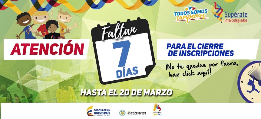 juegosintercol's tweet photo. Profesores, estudiantes y rectores: no olviden que ya faltan 7 días para cerrar inscripciones al Programa @Superate_Col
#TodosSomosCampeones https://t.co/HWU81ifIgN