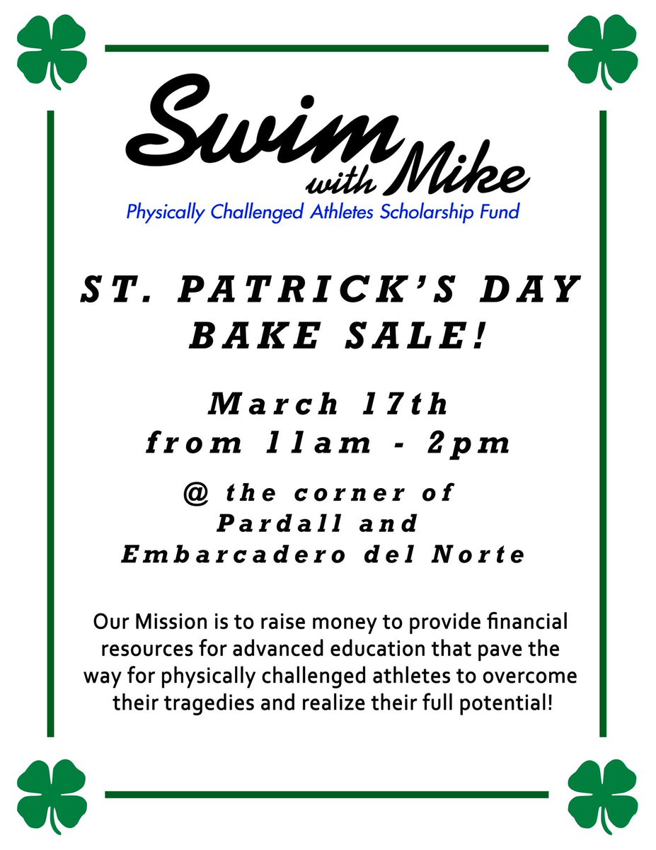gauchosSWM's tweet photo. The bake sale is BACK! Come buy some yummy St. Patty's treats and support Swim with Mike THIS Friday from 11-2! 🍀😋 https://t.co/cpgftQQGuS