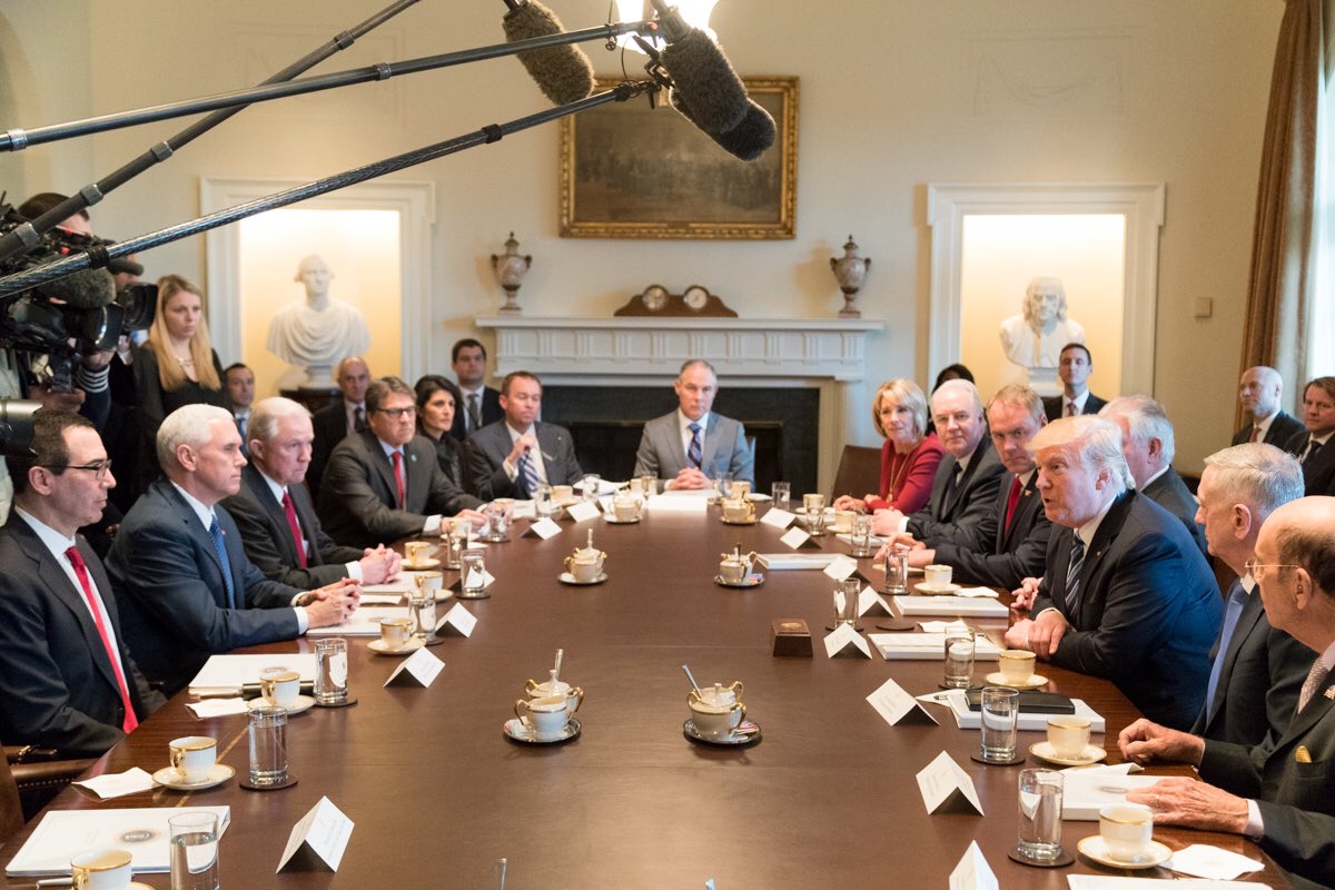 realDonaldTrump's tweet image. Proud to welcome our great Cabinet this afternoon for our first meeting. Unfortunately 4 seats were empty because Senate Dems are delaying!