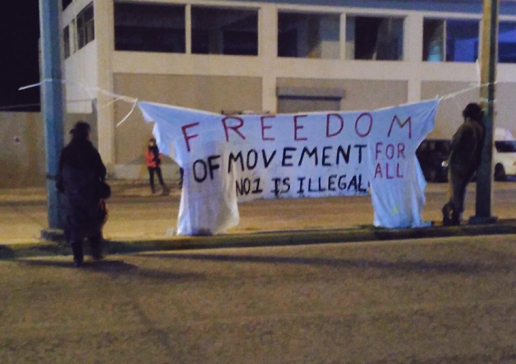 sol2refugees's tweet photo. "No one is illegal" Outside Petrou Ralli #police station, waiting for #people to be released #RefugeesGr #squatsGR #antireport #refgeesgr https://t.co/Q1kucjyNGg