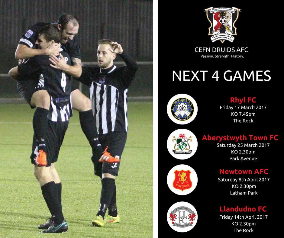 CefnDruids's tweet photo. Look ahead to our next 4 games! - This Friday we face @rhylfc at The Rock, come along and support Huw and the Boys! #Druids https://t.co/Deq3KfuKf6