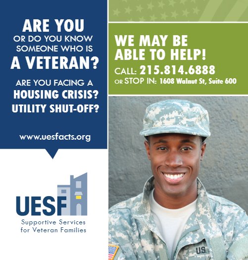 UESFassistance's tweet image. DO YOU KNOW a homeless Vet or a Vet facing a housing crisis? Call UESF's Vet Hotline 215-814-6888 or visit 1608 Walnut St, Suite 600 TODAY!