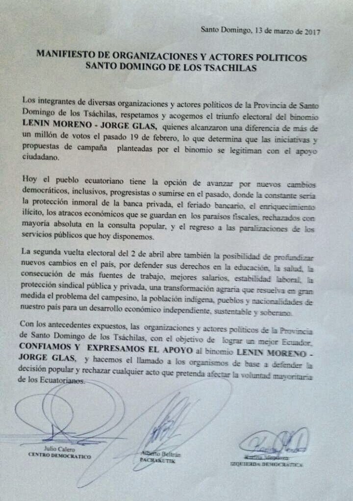 #ATENCION: En Santo Domingo se unen Centro Democrático, ID y Pachakutik para respaldar candidatura de <a href="/Lenin/">Lenín Moreno</a> en segunda vuelta electoral
