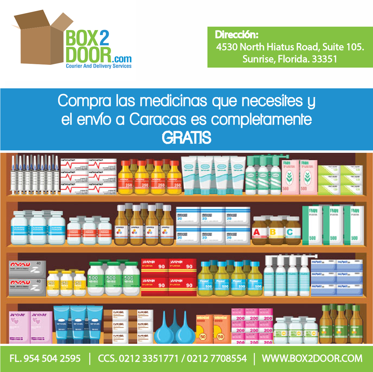 BOX2DOOR's tweet image. Compra las medicinas que necesites y Box2door te regala el envio hasta Caracas!
