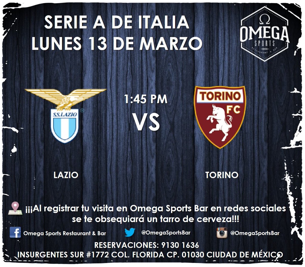 OmegaSportsBar's tweet photo. #FelizLunes 
En #OmegaSportsBar los consentimos con el partido de hoy de la Serie A de Italia: #Lazio vs #Torino
¡Los esperamos! https://t.co/WNXI4dYBan