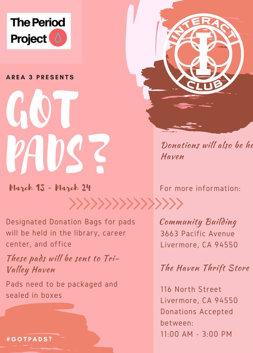 dublininteract's tweet photo. Got pads?♀ DHS Interact has donation boxes in the office, library, &amp; career center from Mar. 13~24!! @dublead https://t.co/V00wsgOL3Z