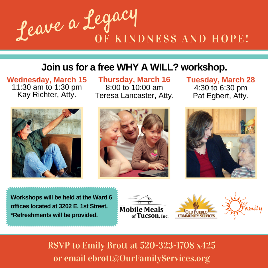 OurFamilyTucson's tweet photo. Attend a Why A Will Workshop this week &amp; learn how to create an estate plan that reflects your wishes! Lean more @ https://t.co/WF2wbZMD3I https://t.co/7FYf3HTacR