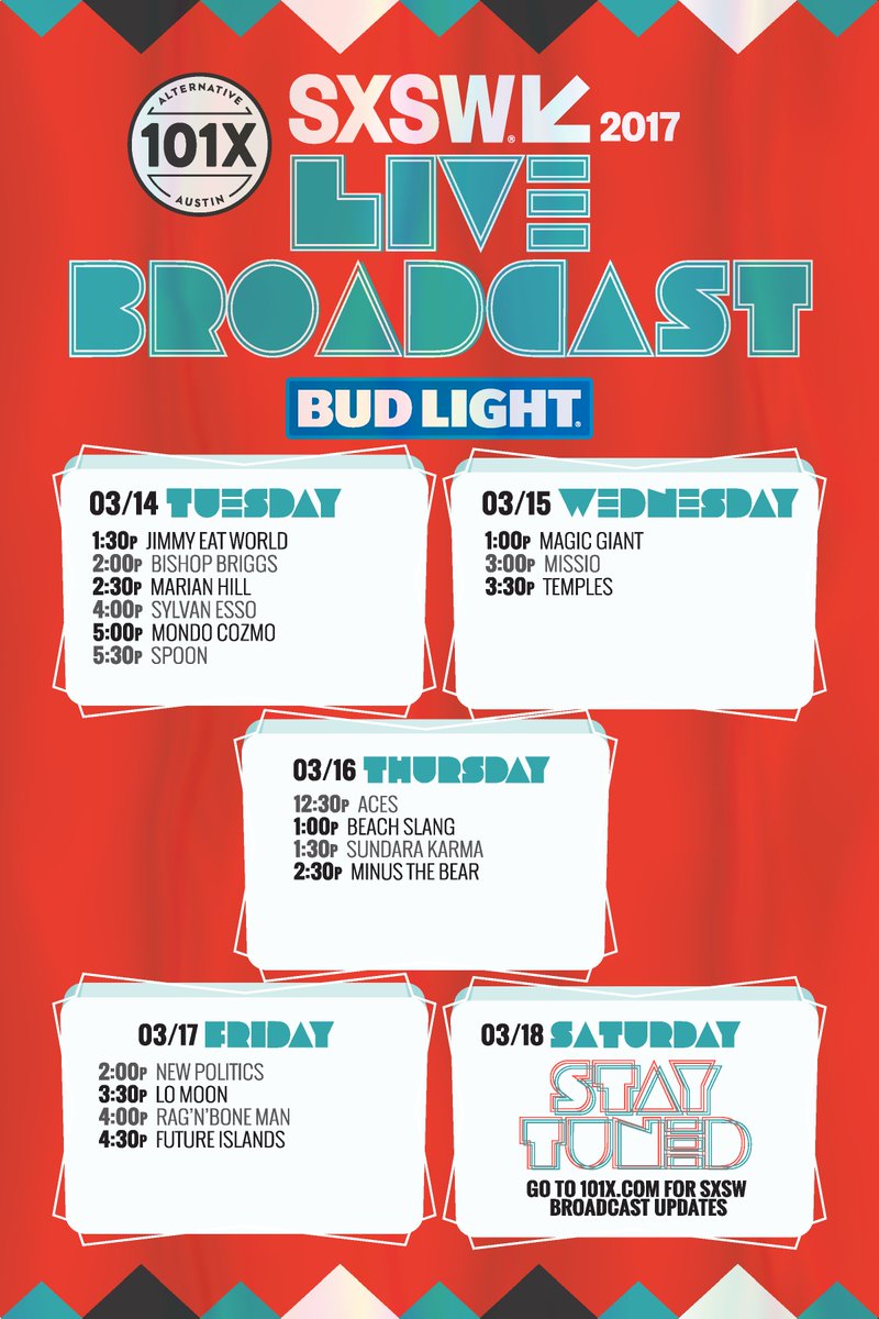 101x's tweet photo. No badge or wristband required 🙌 Meet us at @buffaloatx right now for the 101X #SXSW Live Broadcast. 21+ only: https://t.co/ON2F28Oq0s https://t.co/DgWuKivA1L