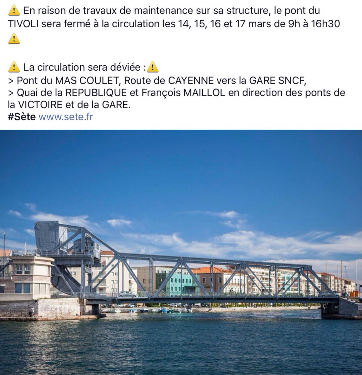tikehau_pf's tweet image. Attention fermeture du Pont du Tivoli à #Sète les 14, 15, 16 et 17 mars de 9h à 16h30 pour travaux de maintenance. #inforoute34
