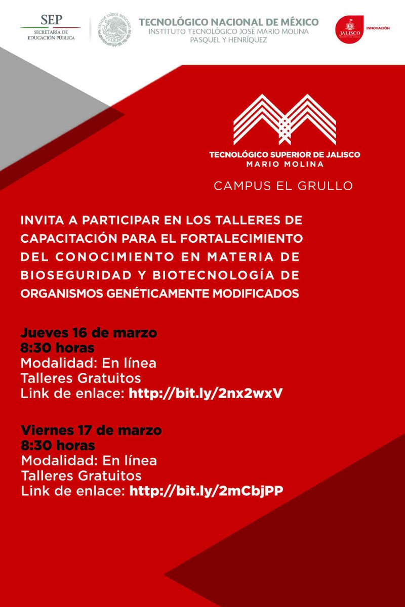 itsgrullo's tweet photo. Los invitamos a participar en estos talleres que ofrece el Tecnológico Nacional de México en cooperación con la (CIBIOGEM) https://t.co/AJ1b788j0K