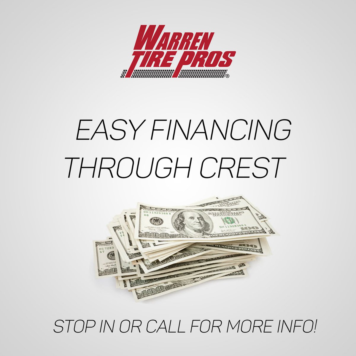 Warren_TirePros's tweet photo. We make financing easy now through Crest Financial! Ask us today for more information! https://t.co/ytgChXRUpl