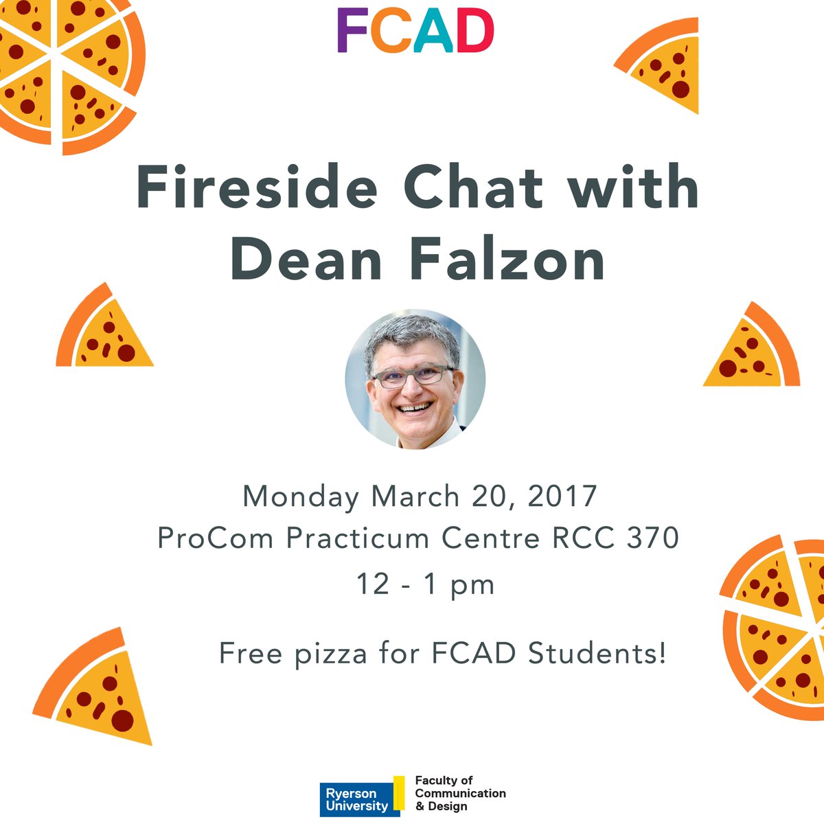 Come enjoy pizza and talk to FCAD Dean Falzon about our faculty! Next Monday in RCC 370, you don't want to miss it.
facebook.com/events/2591905…