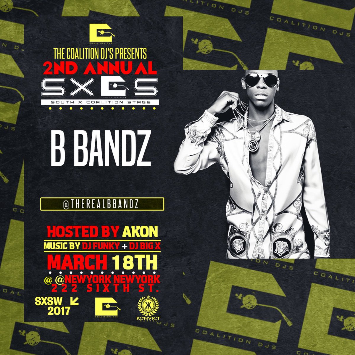 SwankPR's tweet photo. #SXSW are you ready for @THEREALBBANDZ? @CoalitionDJsATL presents the 2nd Annual #SXCS hosted by @Akon. #SXSW2017 https://t.co/nRPHq65mAD
