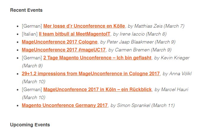 MageUnConf's tweet photo. Browsing #MagentoMonday Digest by @sherrierohde and the recent event section is (almost) #mageuc17 only. Thank you all! https://t.co/vjVhlh1B4J