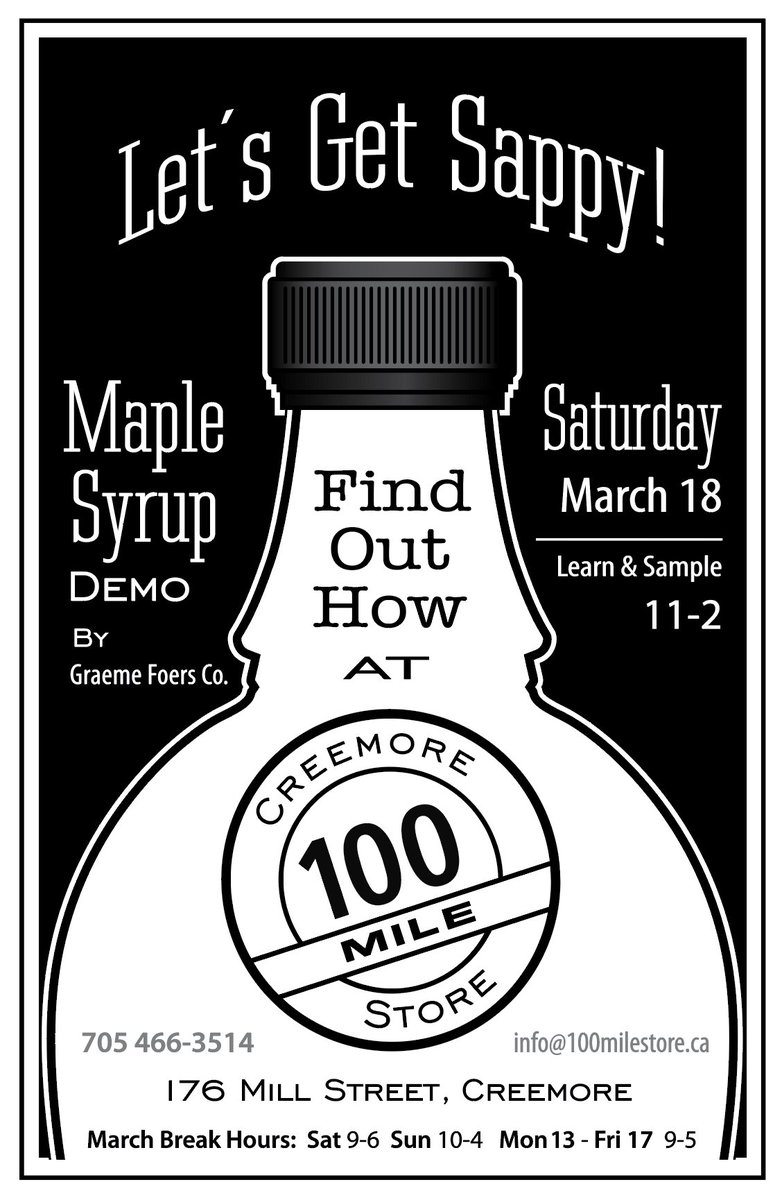 Pretty sweet deal! Come learn &amp; sample at the #MapleSyrup Demo by <a href="/GraemeFoers/">Graeme Foers</a> Co., this #Saturday at the <a href="/100MileStore/">Jackie Durnford</a>.