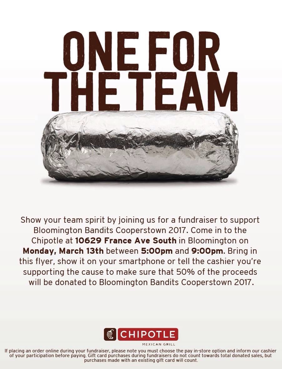 BanditsBTBA's tweet photo. Hungry? Support @Cooperstown2017 tonight from 5-9pm Old Shakopee and France 
50% of proceeds go to the team, tell them we sent ya! https://t.co/f7jhOyWfGy