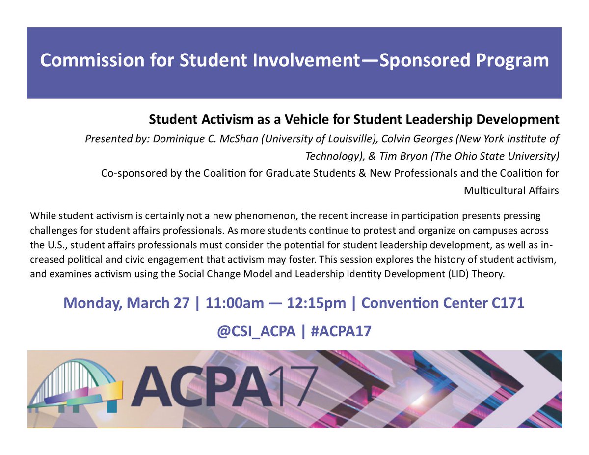 CSI_ACPA's tweet photo. Headed to #ACPA17? Check out this sponsored program from the CSI! #StudentInvolvement #SAProDevo https://t.co/kxQFJCd9po
