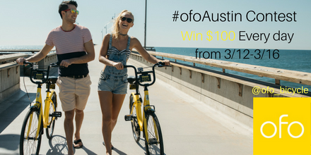 RSVPATX's tweet photo. REWEET THIS &amp; Follow us @SXUnofficial &amp; @ofo_bicycle to be entered to win a $100 Airbnb gift card! #ofoAustin #ATX https://t.co/DFDGdzNQ0p