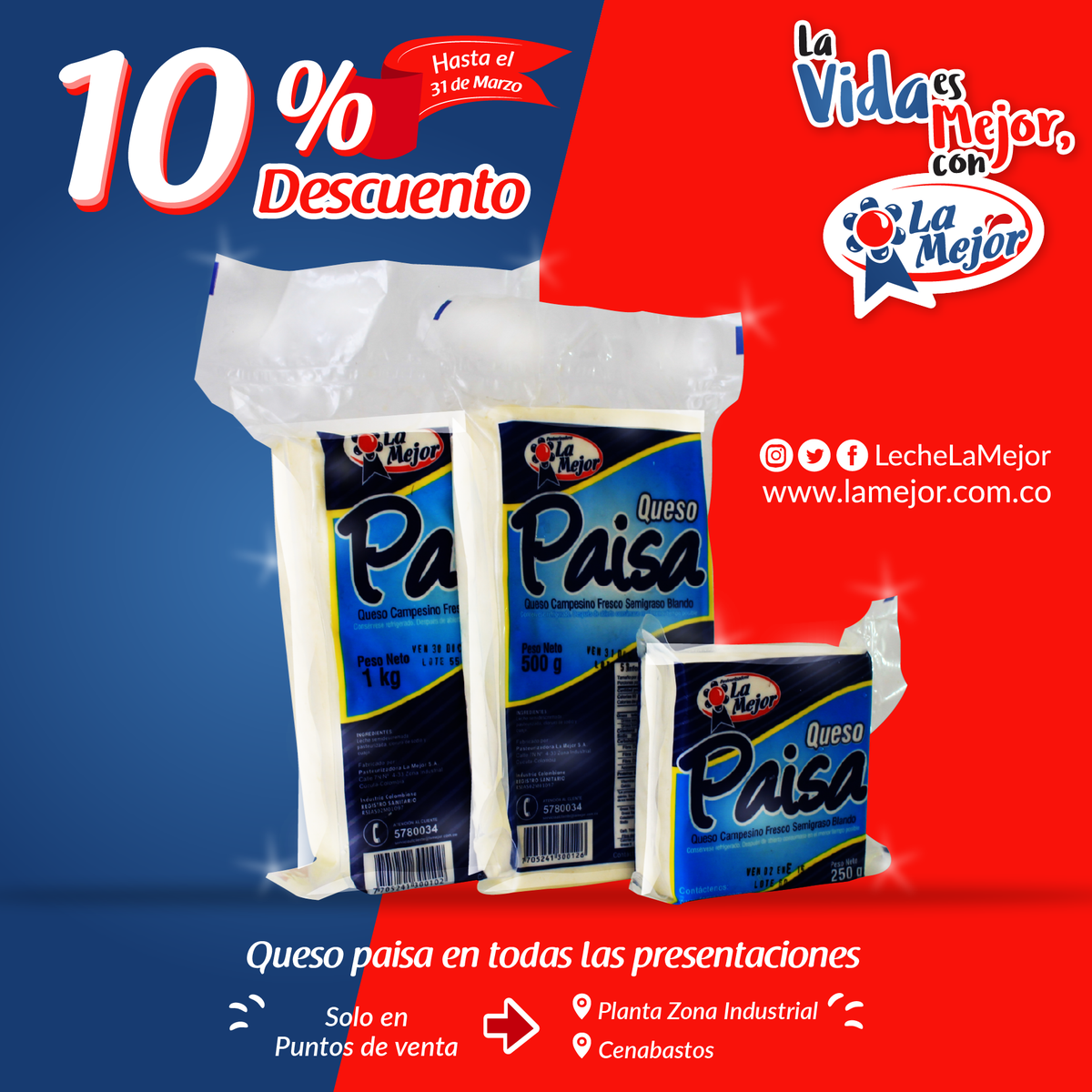 Lamejorco_'s tweet photo. Tenemos descuentos del 10% en todas las presentaciones de #Leche, #QuesoDobleCrema y #QuesoPaisa. Aprovecha en puntos de ventas autorizados. https://t.co/qk5Bh12hZO