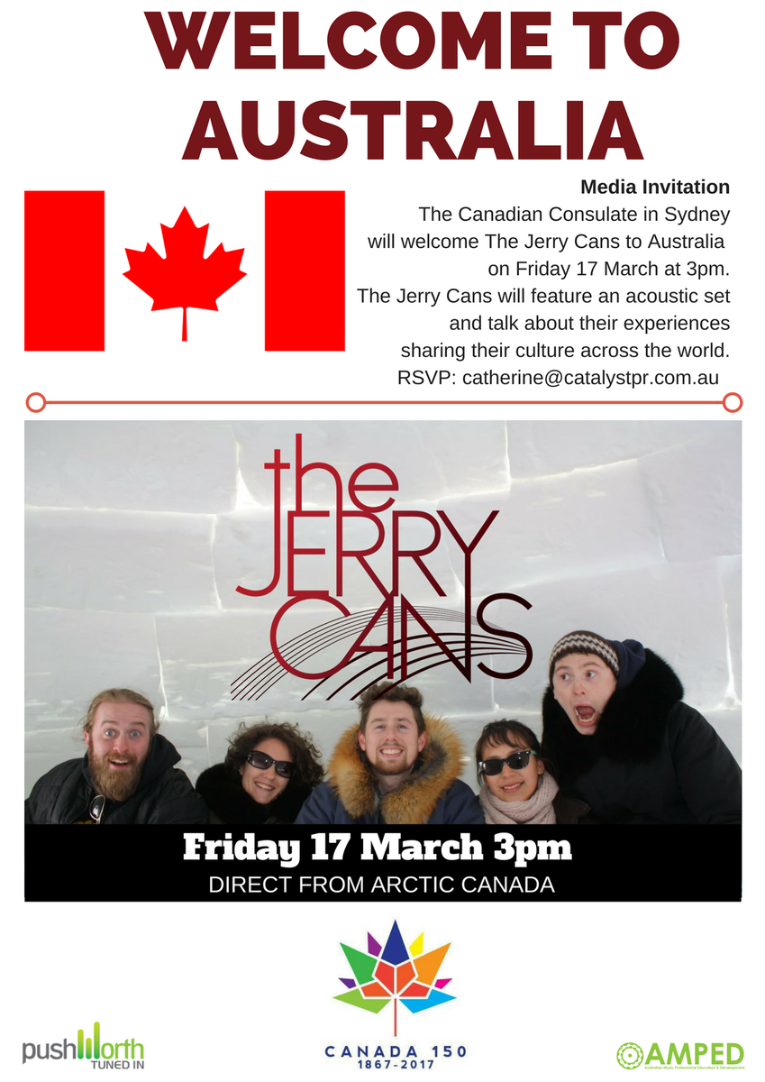 AmpedAUS's tweet photo. #thejerrycans #meetandgreet #canadianconsultate in Sydney, Fri 17 March. #canada150 #pushworth + #ampedaus https://t.co/28LJeGRgze