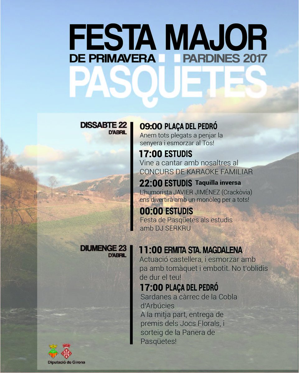 PardinesComi's tweet photo. Omple't de l'essència de Pardines tot el mes d'abril! #PrimaveraParty #Pardines #Pasqüetes #JocsFlorals 😍 https://t.co/iXlyqHOJ2i