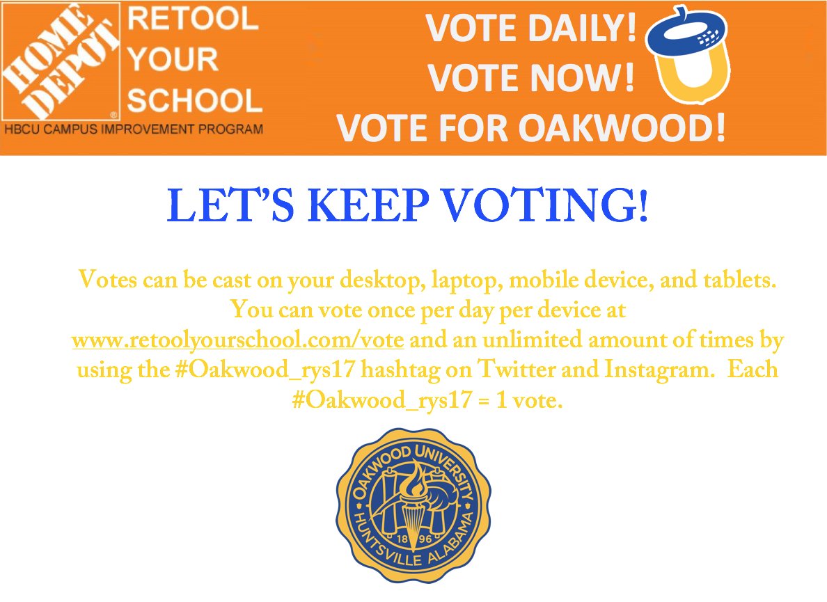 OakwoodU's tweet image. Don't forget to vote on a daily basis!  We're in 6th place, and we need to get to 3rd.  We have until April 16th to catch up! #oakwood_rys17