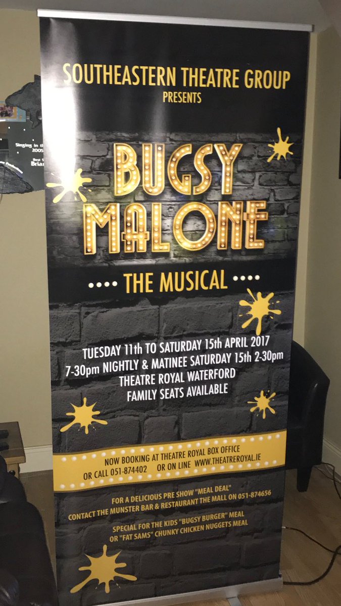 Nice pull-ups for Bugsy Malone. Booking now open <a href="/theatreroyalw/">Theatre Royal</a> Great Easter treat for all the family. Check out meal deals <a href="/themunsterbars/">The Munster Bar</a>