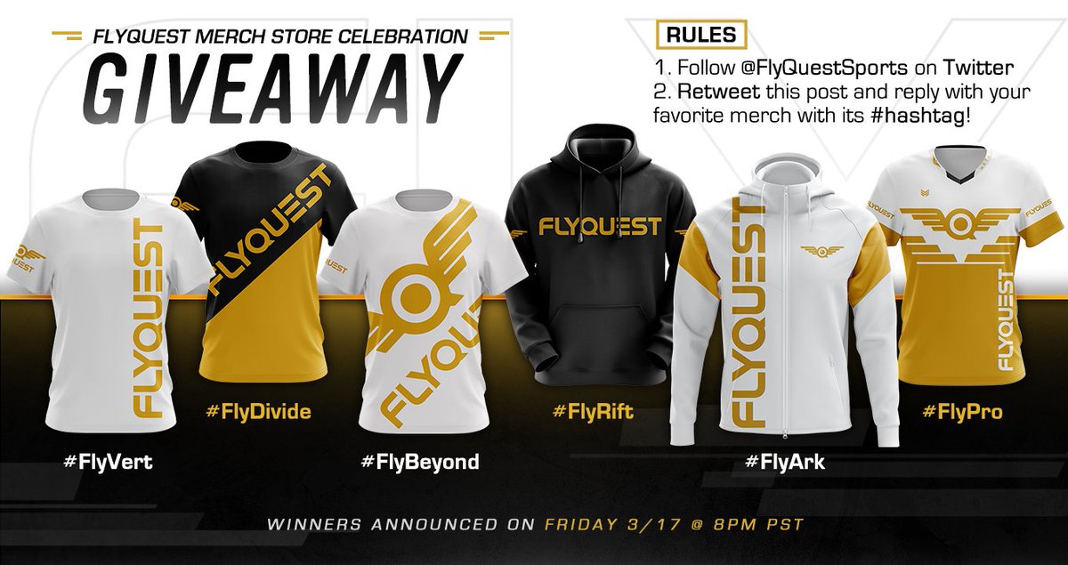 FlyQuest's tweet image. We’re giving away 6 merch designs to celebrate our store launch! Follow us and retweet with your favorite merch's hashtag to enter!
