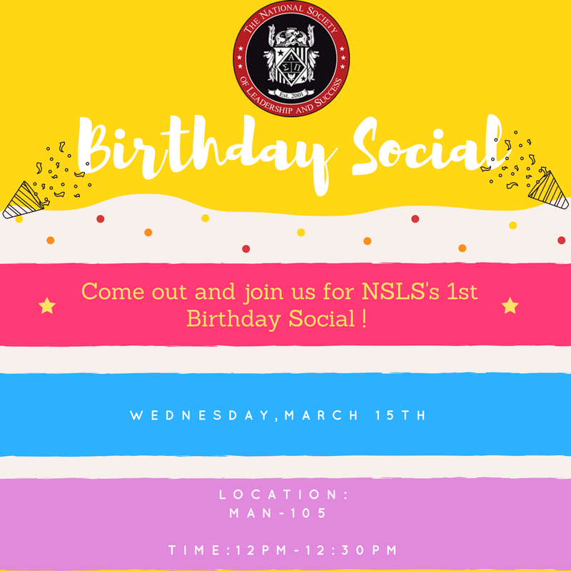 NSLSBrookdale's tweet photo. Come out and join us for NSLS's 1st Birthday Social on Wed, March 15th at MAN-105 @ 12PM - 12:30PM #nslsbrookdale #nsls #brookdale #birthday https://t.co/08Ts8W78Ot