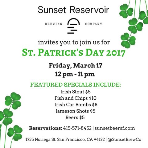 SunsetBrewCo's tweet image. Shine your shamrocks and save the date! Join us this Friday for our #StPatricksDay celebration, complete with Irish-inspired specials. 🍀🍻
