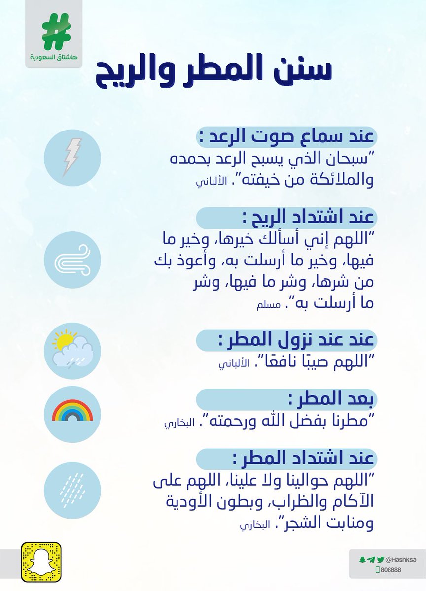 كان النبي ﷺ إذا عصفت الريح قال : «اللهم إني أسألك خيرها وخير ما فيها وخير ما أرسلت به، وأعوذ بك من شرها وشر ما فيها وشر ما أرسلت به» "مسلم".