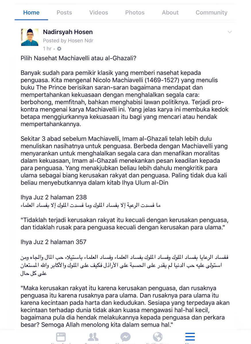 na_dirs's tweet photo. Simak yuk catatan saya hari ini: Pilih Machiavelli atau Al-Ghazali? Saya menjelaskan prinsip keadilan yg ditekankan oleh Al-Ghazali 🙏 https://t.co/uwSPxCtWMu