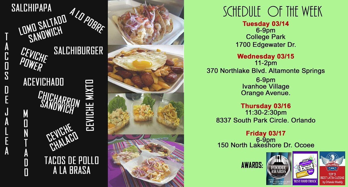 perupowerfood's tweet photo. #perupowerlovers you can find us at new locations this week!!! 
#monday #scheduleoftheweek #markurcalendars #iloveperuvianfood https://t.co/K1xF2DwNTj