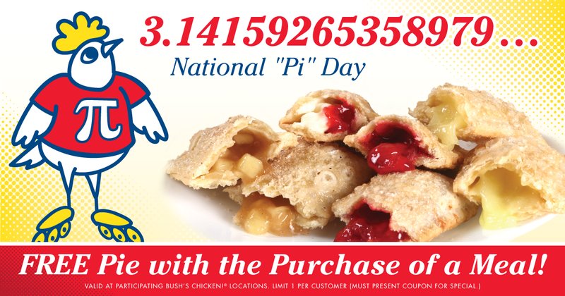 Today is National "Pi" Day!  If you like puns then why not have a free pie on us with the purchase of a meal?