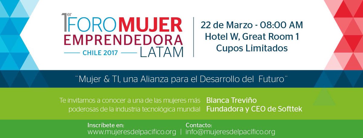 MujeresPacifico's tweet photo. AGENDA: 22 de marzo realizamos el 1er Foro de la Mujer Emprendedora Latam, con  la presencia de #BlancaTreviño @SofttekMX https://t.co/A351t4qGwj