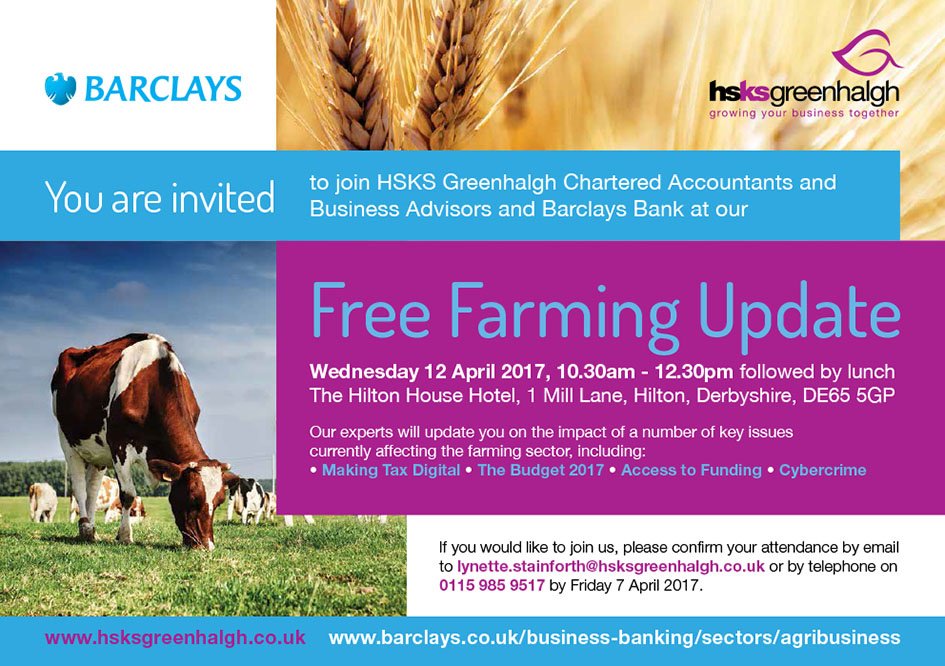 HSKSGAccountant's tweet photo. Free farming update with @BarclaysUK on 12/4/17 at @Hilton_House_ in Derbyshire. More details &amp; registration at https://t.co/gI3rPU8m22 https://t.co/iiDu6ObF8X