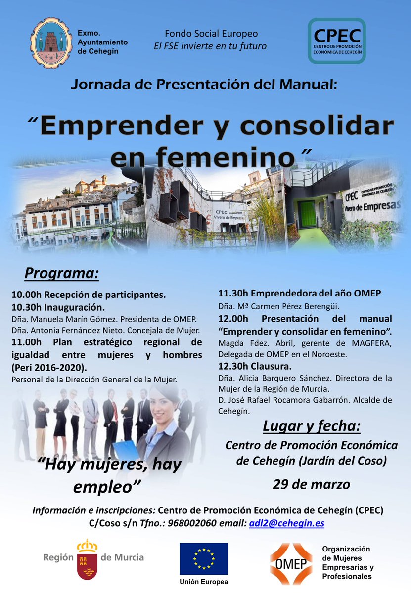 CPEC_Cehegin's tweet photo. Recuerda, 29 de marzo, jornada: "Emprender y consolidar en femenino" #Cehegín https://t.co/0TwMCNrZFv