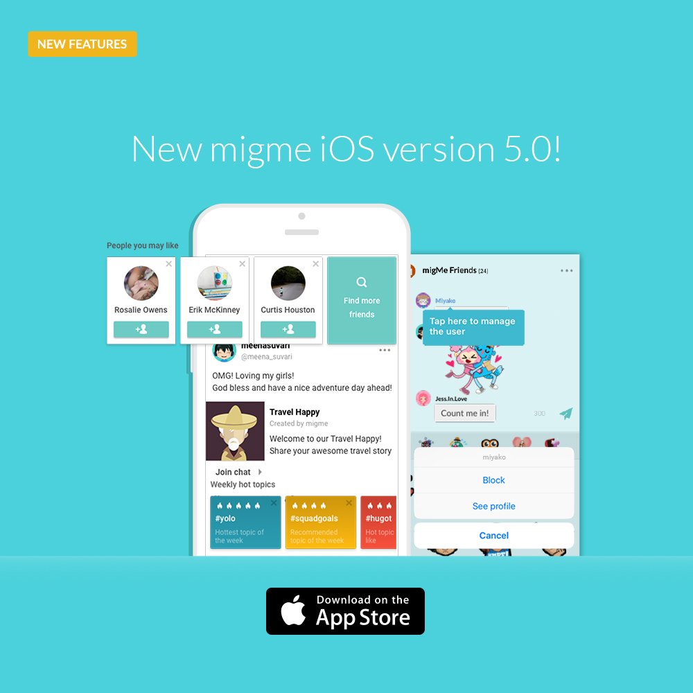 Hey miglovers, you can download the latest migme app iOS version 5.0 from the App Store now! Have fun on migme! See you around! <3
