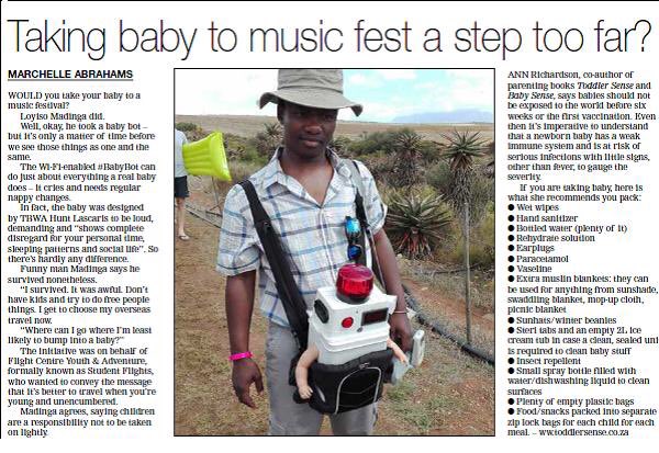 TBWAAfrica's tweet photo. Taking a baby to music 🎶 festival a step too far @LoyisoMadinga @IOL #DailyNews article #BabyBot @TBWAHunts #Tshalenj  #Studentflights https://t.co/qBlBq6aOSO