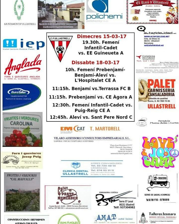 CFUllastrell's tweet photo. Partits d'aquest dissabte 18 de març!

El dimecres l'equip Femení Cadet-Infantil recuperarà un partit ajornat.

1, 2, 3 ULLASTRELL!  ⚽🔴⚪ https://t.co/SK2ICDvusp