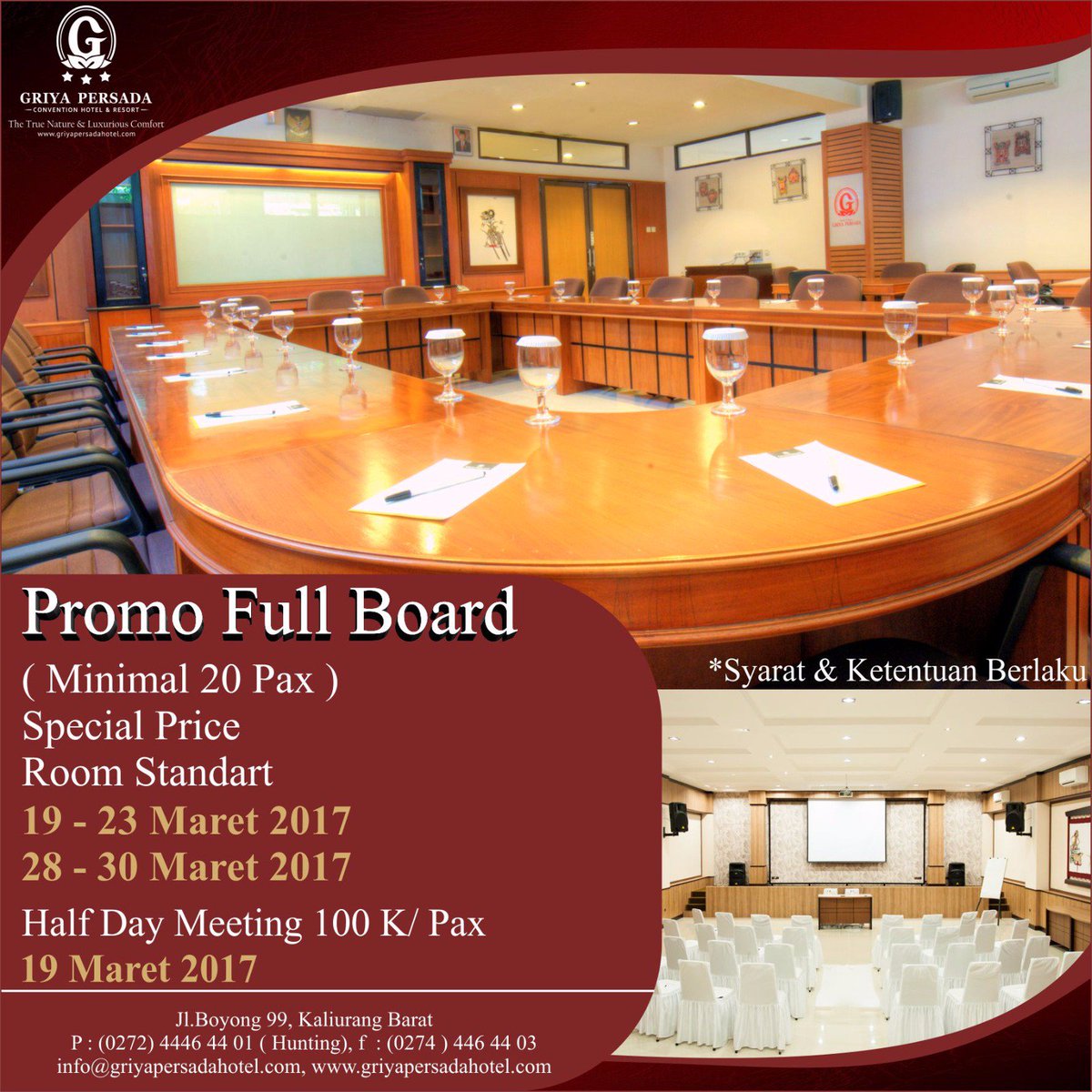 Email :info@griyapersadahotel.com
Phone :(0274) 446 4401
Fax : (0274) 446 4403
Pin : 5C00935E