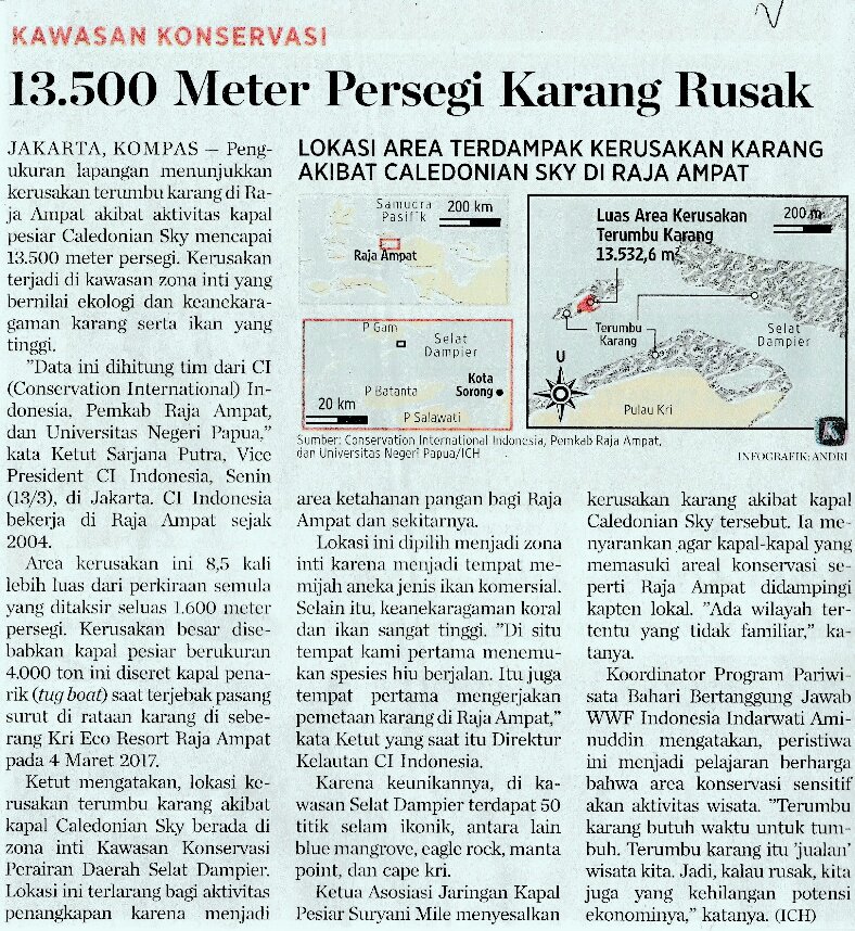 VanantaraCom's tweet photo. Kerusakan terumbu karang di Raja Ampat akibat aktivitas kapal pesiar Caledonian Sky mencapai 13.500 meter persegi.(@hariankompas 14) #vancom https://t.co/5s3yUMFBCH