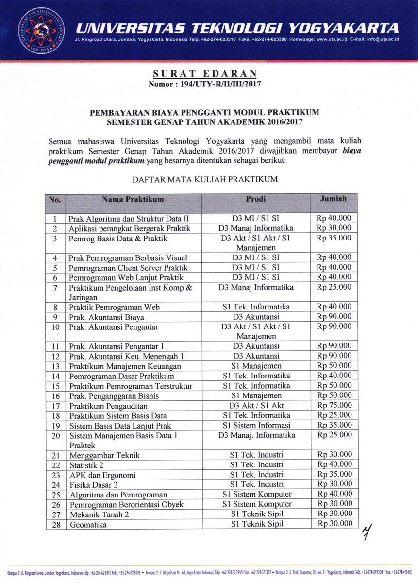 Kampus 1 Uty On Twitter Pengumuman Biaya Pengganti Modul Praktikum Kampus 1 Uty On Twitter Pengumuman Biaya Pengganti Modul Praktikum