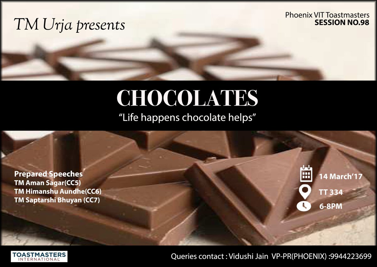 Greetings Toastmasters!
TM Urja is all set to bring to you the 98th session of Phoenix-VIT Toastmasters!Today,at TT 334,6-8pm.Be there!!