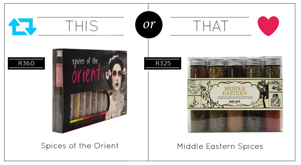 Ditsy_SA's tweet photo. #ChooseDay Which spice set would you most ❤️ to use in your dishes? 👩‍🍳 RT for 'this', ♥ for 'that'. https://t.co/ExcRV48FUY