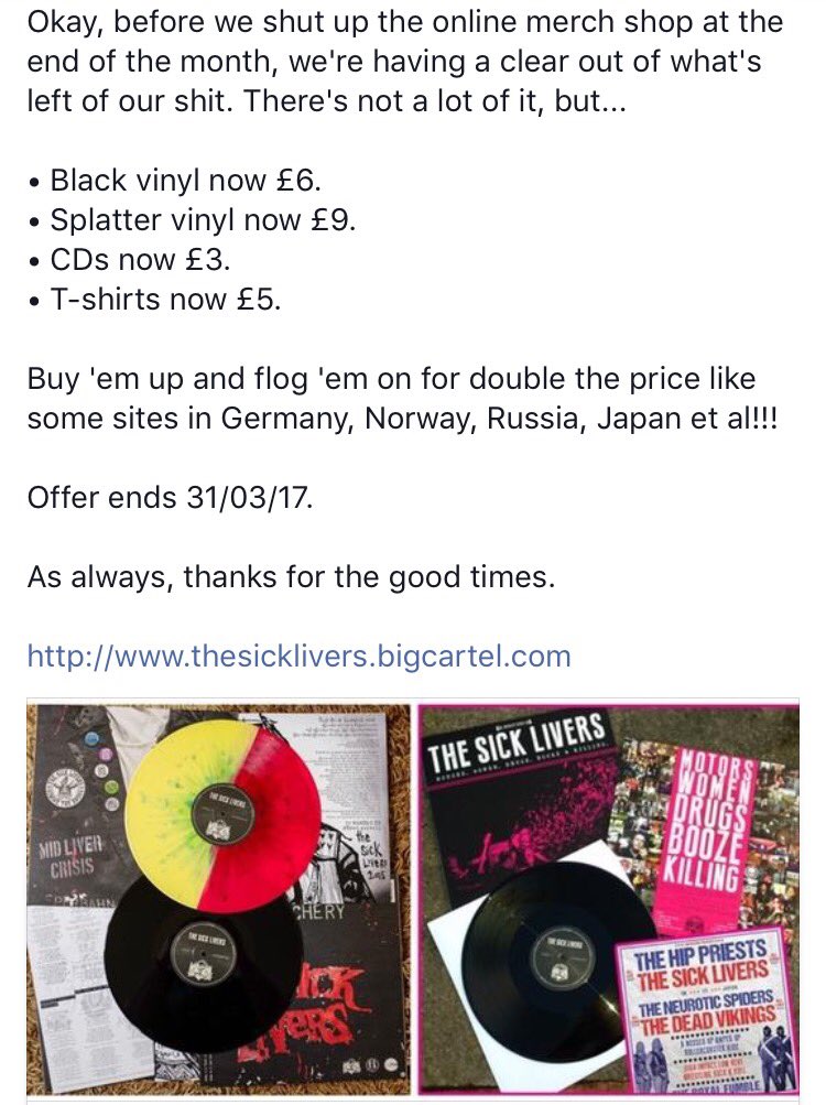 TheSickLivers's tweet photo. Last of our merch is going cheap. Snap it up, flog it on!

Offer ends 31/03/17 and then we'll be shutting up shop.

https://t.co/gXj9HbtBvD https://t.co/3TP6JbppoT