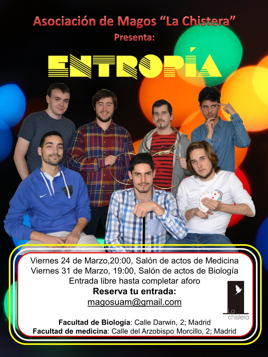 Chistera_UAM's tweet photo. Este mes podrás disfrutar de la magia de escenario con Entropía, el nuevo espectáculo de La Chistera en la UAM ¡No te lo pierdas! https://t.co/85a4E4bQke
