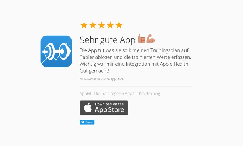 AppFitApp's tweet image. 5 Star Review: "Sehr gute App 👍🏼💪🏼: Die App tut was sie soll: meinen Trainingsplan auf Pap…" launchkit.io/reviews/nsBCN9…